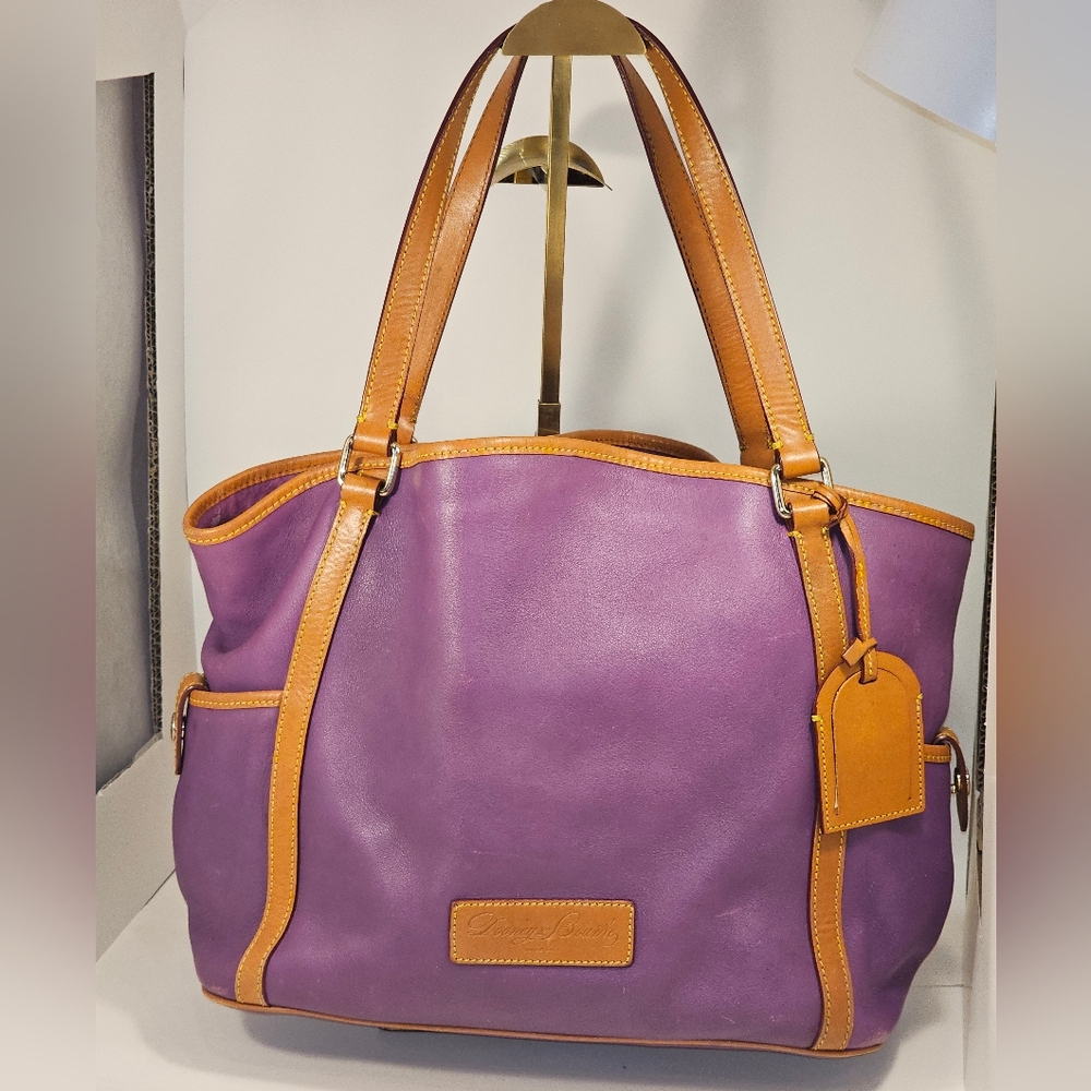 Dooney & Bourke Kristen Tote In Plum Purple British Tan Trim Smooth Leather